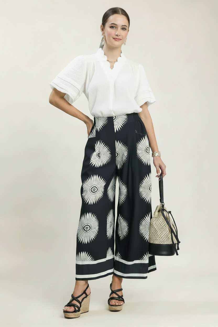 Abstract Border Print Wide Leg Pants