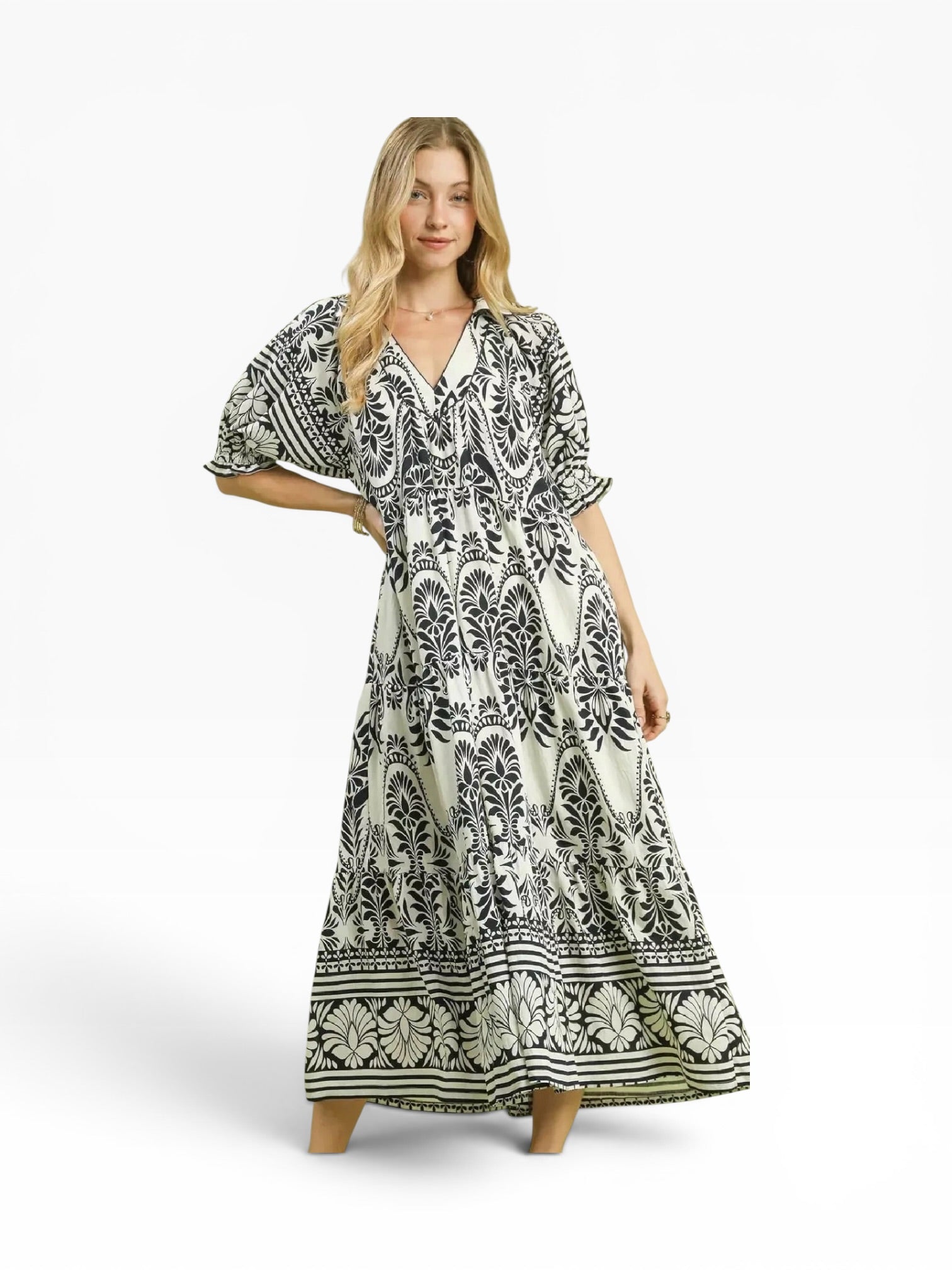 Two-Tone Border Print Midi Dress with Pockets
