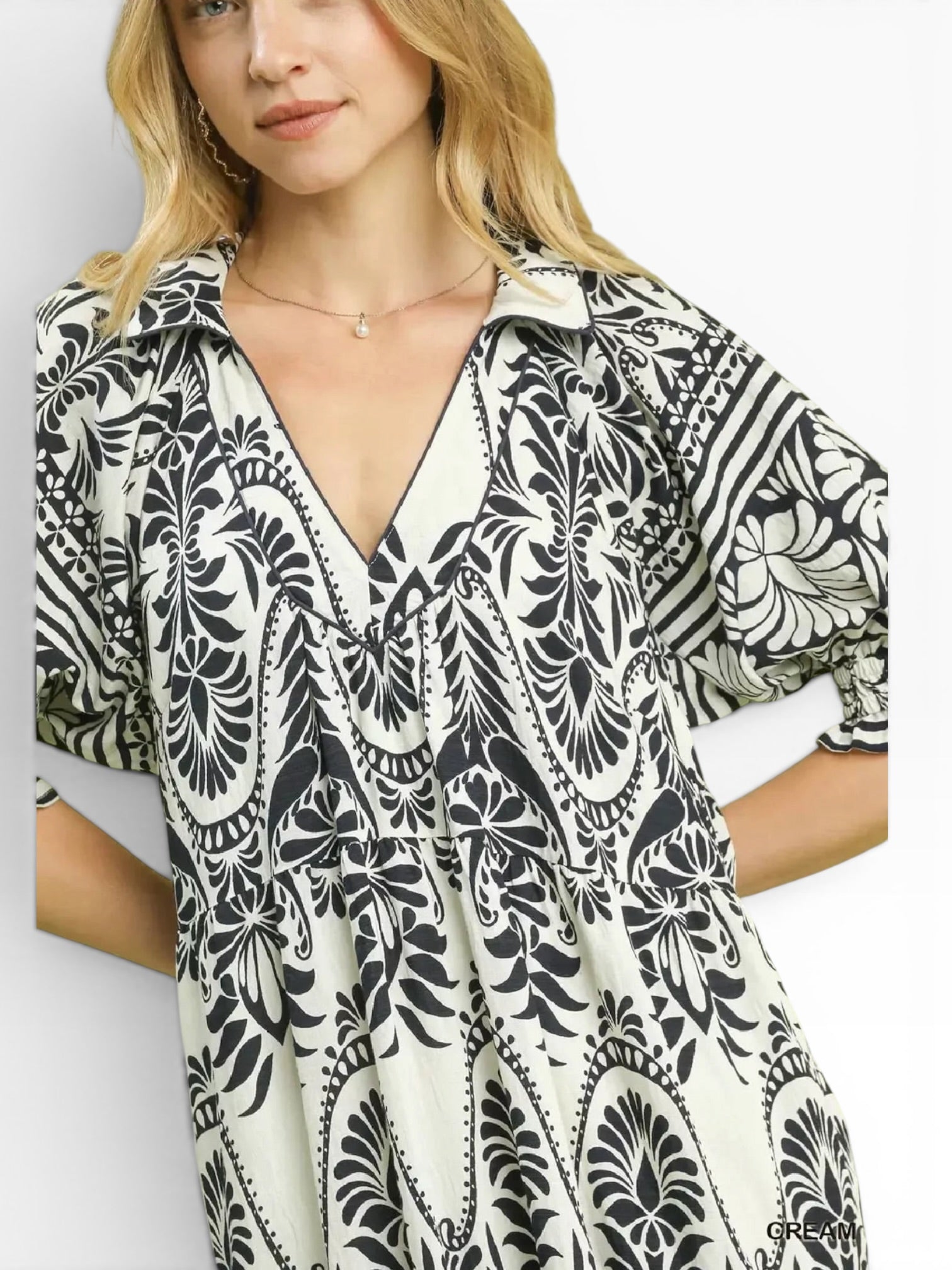 Two-Tone Border Print Midi Dress with Pockets