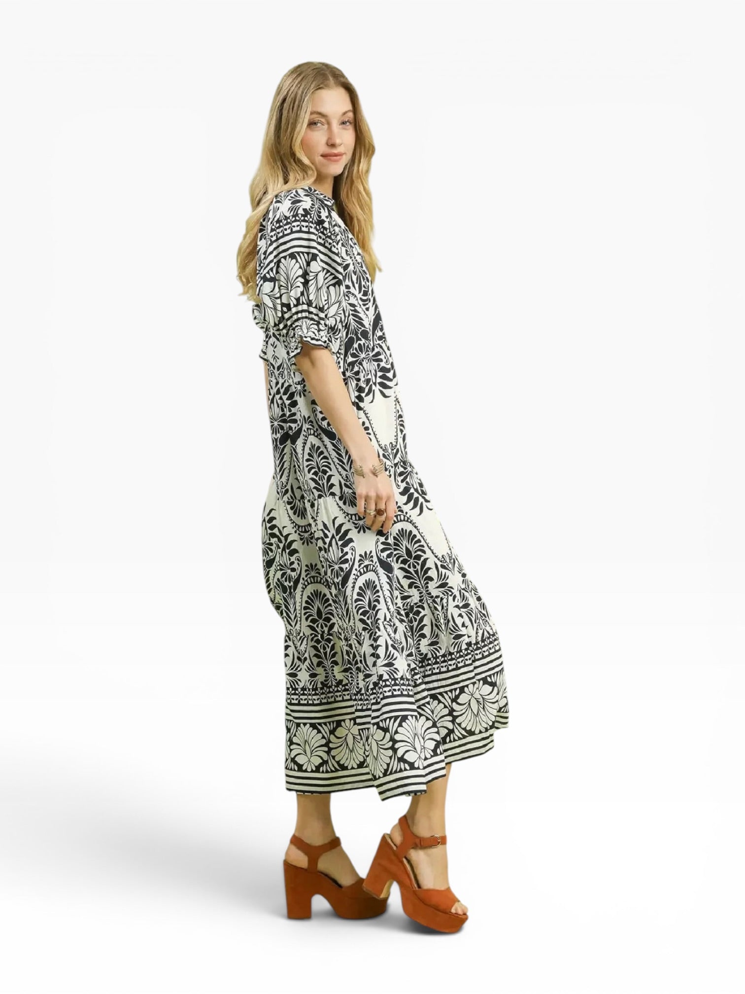 Two-Tone Border Print Midi Dress with Pockets
