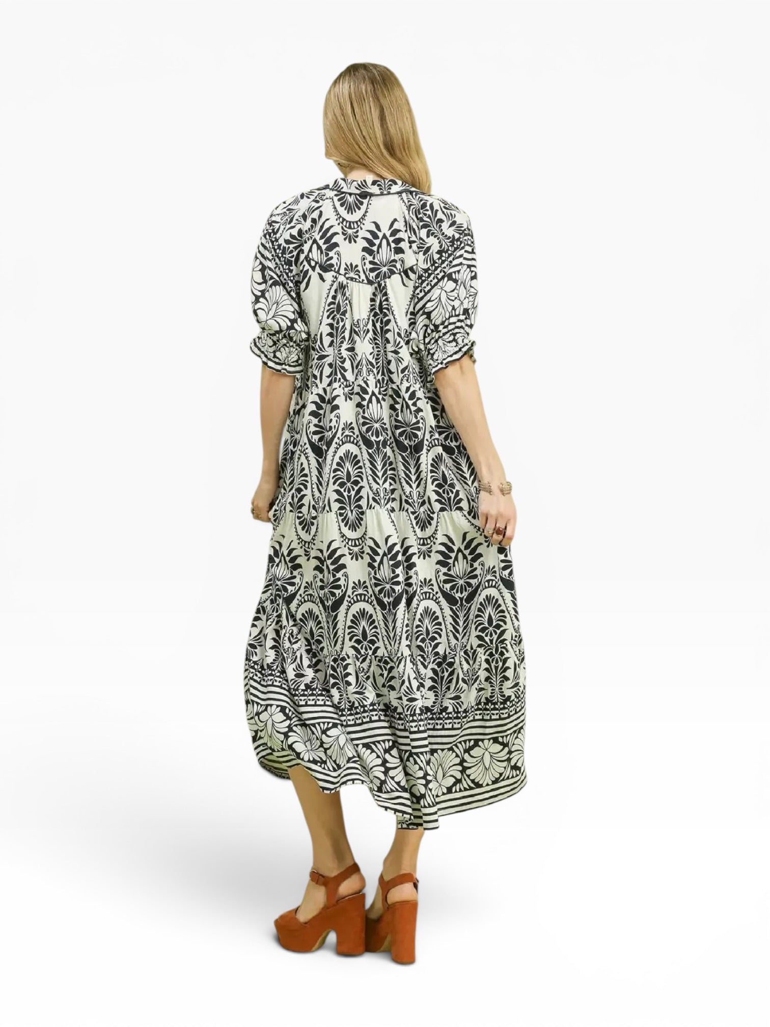 Two-Tone Border Print Midi Dress with Pockets