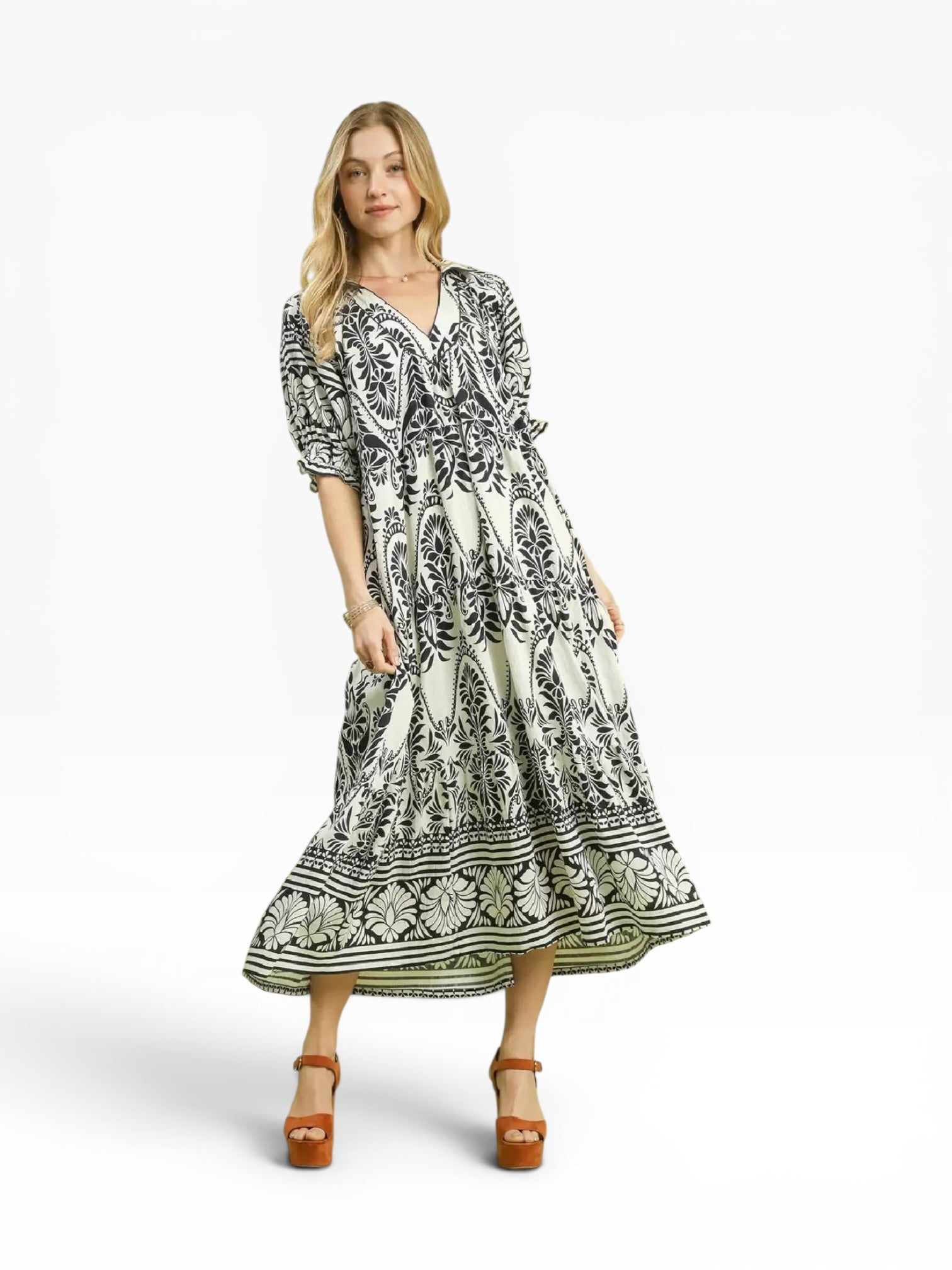 Two-Tone Border Print Midi Dress with Pockets