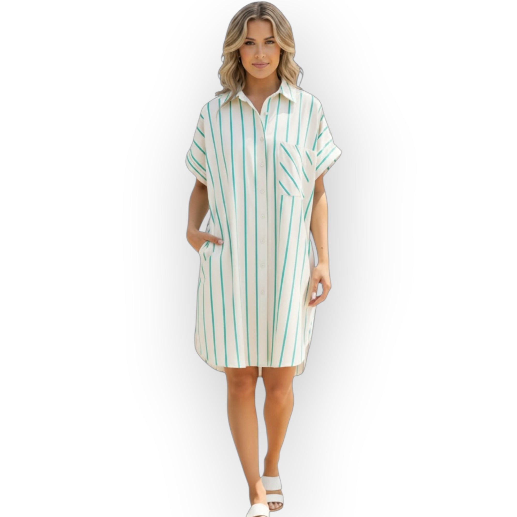 St Patricks Striped Wide Short Sleeve Shift Mini Shirt Dress