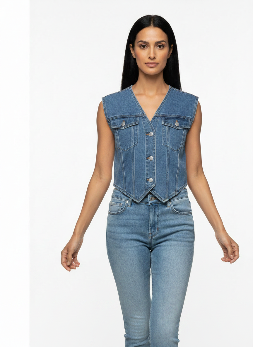 Pocketed Button Up Sleeveless Denim Jacket