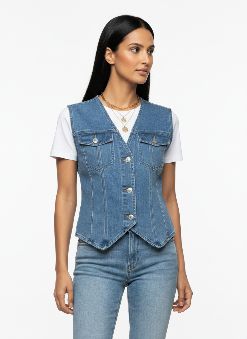 Pocketed Button Up Sleeveless Denim Jacket