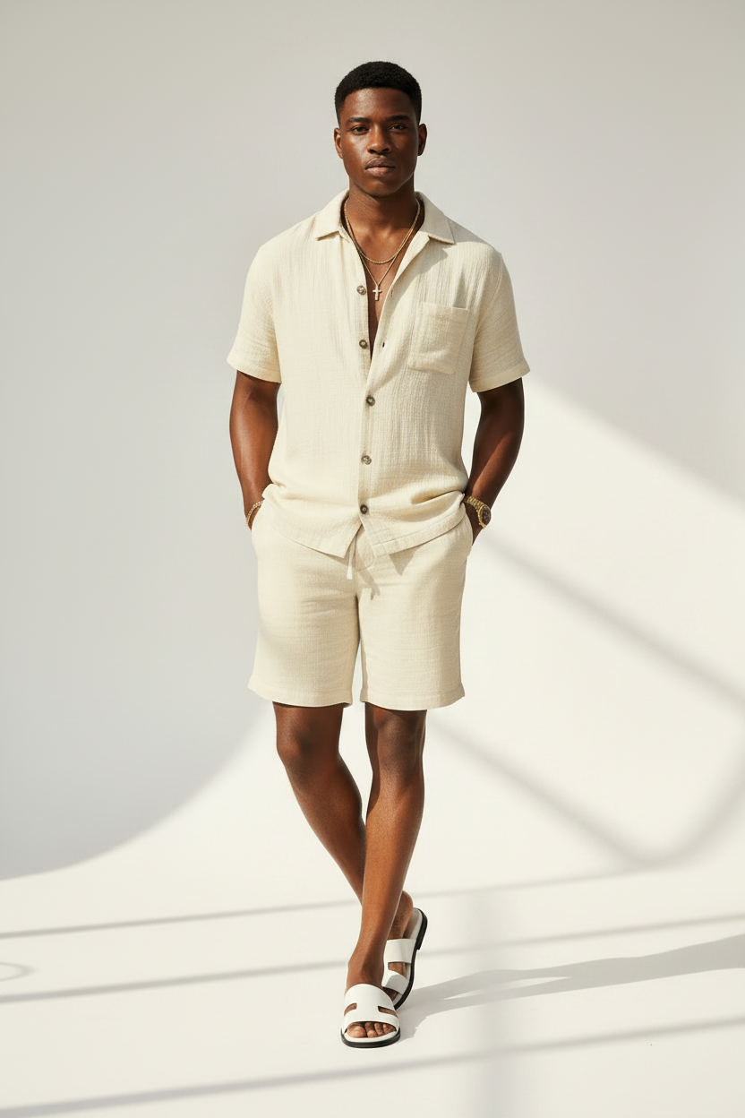 Men's Short Sleeve Button-Up Shirt and Shorts Set